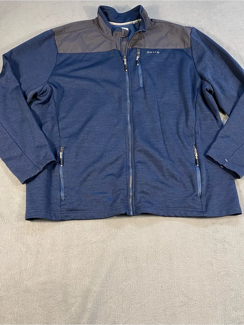 Orvis men’s Navy & Charcoal Zip-Front Long Sleeve Jacket, pockets, lined,size XL